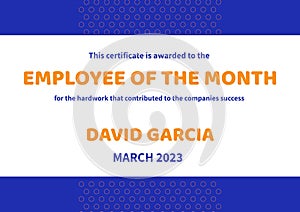 Employee of the month text with name and date in yellow and blue on white with blue bands