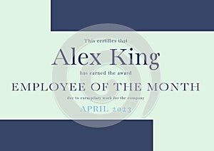 Employee of the month text with name and details in dark blue with dark blue rectangles