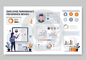 Employee performance review interface features various data charts, graphs, and