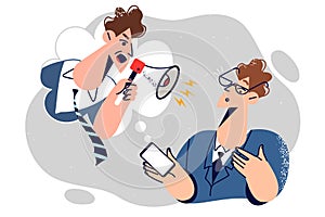 Employee receives reprimand from boss via voice message in phone, stands near manager with megaphone