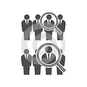 Employee recruiting concept illustration. businessmen in suits in line and a magnifying glass. Human resources hiring icon.