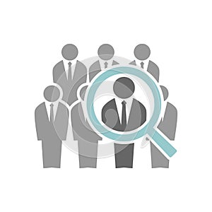 Employee recruiting concept illustration. Group of businessmen and a magnifying glass. Human resources hiring icon.