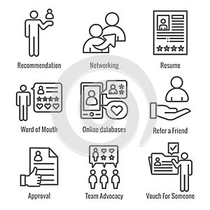 Employee Referral Process Icon Set with Networking, Recommendation, reference