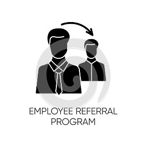 Employee referral program black glyph icon. Corporate workforce search, referal recruitment silhouette symbol on white