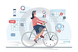 Employee riding bike with clock to control and organize work hours and business tasks