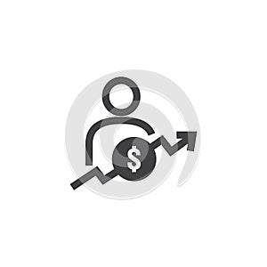 employee salary increase icon on white background with people, arrow up graphic and dollar money symbol. raise revenue business