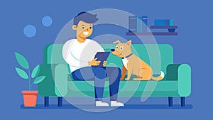 An employee spending quality time with their pet playing fetch and snuggling on the couch.. Vector illustration. photo