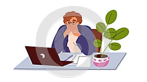 Employee in stress, shock. Upset worried office worker at computer desk. Person scared with work failure, trouble