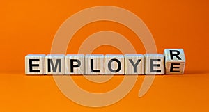 From an employee to an employer. Turned a cube and changed the word `employee` to `employer`. Beautiful orange background, cop