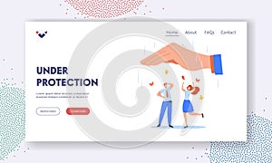 Employee under Leader Protect Landing Page Template. Happy Office Characters Man Woman Dance and Rejoice under Huge Palm