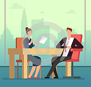 Employee woman and interviewer boss meeting at desk. Job interview and recruitment vector cartoon concept