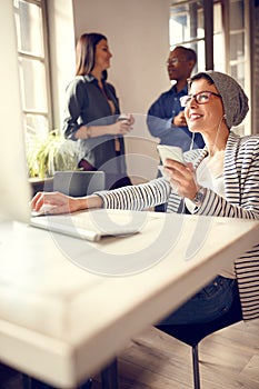 Employee woman on pause in firm listen music