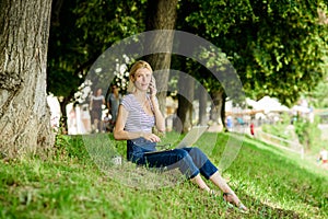 Employee work outdoors. Girl laptop outdoors. Being outdoors exposes workers to fresher air and environmental variations