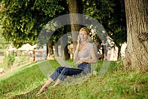 Employee work outdoors. Girl laptop outdoors. Being outdoors exposes workers to fresher air and environmental variations