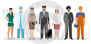 Employee and workers characters with chef, sportsman and pilot. Group of seven people standing together