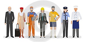 Employee and workers characters standing together. Group of seven people with different occupation.