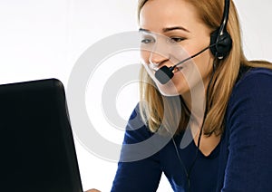 Employee working in a call center. Headset telemarketing woman talking on helpline