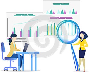 Employees analysing research results. Businesswomen brainstorming, working with data analysis