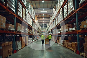 Employees with clipboard and cart inspecting inventory in a well-organized warehouse aisle