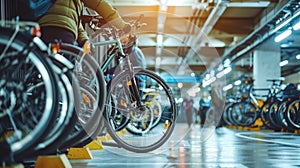 Employees in a corporate setting actively engage in green commuting, using bicycles accessible in the company's in