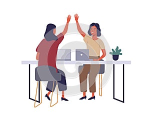 Employees in coworking open office flat vector illustration. Women giving high five at workplace cartoon characters