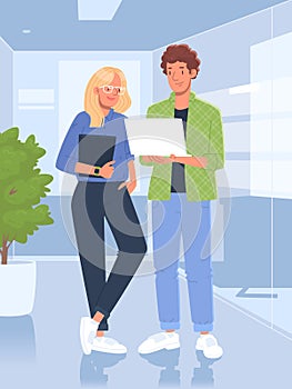 Employees discuss tasks and new projects while standing in the office. Colleagues are working. Vector illustration