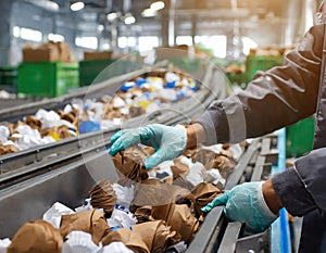 Employees in gloves are sorting garbage on a conveyor belt, including plastic bottles and glasses of different sizes. Generated