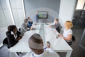 Employees at meeting room listen director