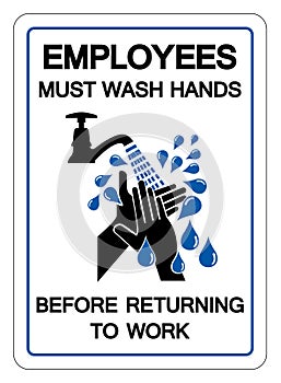 Employees Must Wash Hands Before Returning To Work Symbol Sign,Vector Illustration, Isolated On White Background Label. EPS10 photo