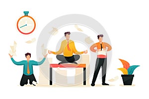 Employees in a panic, stress at work, solve problems, meditate. Flat 2D character. Concept for web design