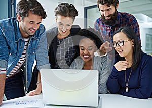 Employees, people and happy in office with laptop for teamwork, collaboration and feedback. Diversity, smile and