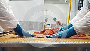 Employees of seafood factory with gloved hands sort red salmon caviar on a net.