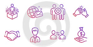 Employees teamwork, Handshake and World mail icons set. Businessman, Communication and Clapping hands signs. Vector