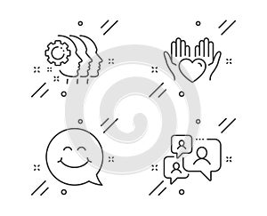 Employees teamwork, Hold heart and Smile face icons set. Support chat sign. Collaboration, Care love, Chat. Vector