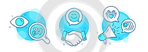 Employees teamwork, Hold heart and Smile face icons set. Support chat sign. Collaboration, Care love, Chat. Vector