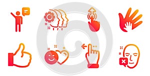 Employees teamwork, Smile and Social responsibility icons set. Swipe up, Agent and Like signs. Vector