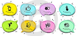 Employees teamwork, Smile and Social responsibility icons set. Swipe up, Agent and Like signs. Vector