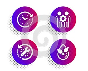 Employees teamwork, Time change and Recovery tool icons set. Organic product sign. Vector