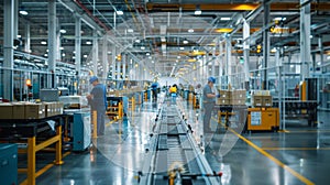 Employees in uniform working on conveyor line in a bright spacious facility. Workers in a warehouse logistics sector