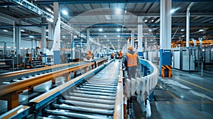 Employees in uniform working on conveyor line in a bright spacious facility. Workers in a warehouse logistics sector