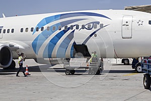 Employees unloading luggage at airport