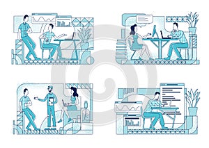 Employees at work flat silhouette vector illustrations set