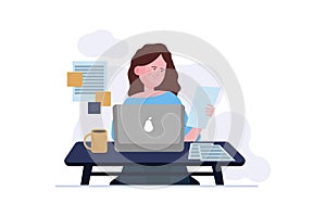 Employees working near clock, using computers, workplaces flat  illustration. Time management in office. Planning, website