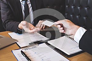 Employer arriving for a job interview, businessman listen to candidate answers explaining about his profile and colloquy dream job