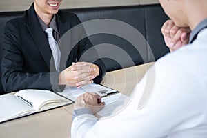 Employer arriving for a job interview, businessman listen to candidate answers explaining about his profile and colloquy dream job