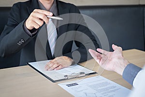 Employer arriving for a job interview, businessman listen to candidate answers explaining about his profile and colloquy dream job