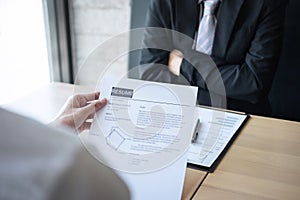 Employer arriving for a job interview, businessman listen to candidate answers explaining about his profile and colloquy dream job