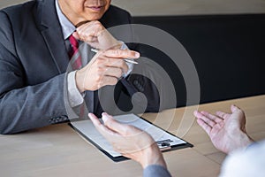 Employer arriving for a job interview, businessman listen to candidate answers explaining about his profile and colloquy dream job