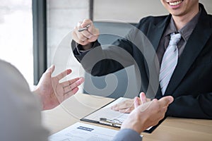 Employer arriving for a job interview, businessman listen to candidate answers explaining about his profile and colloquy dream job