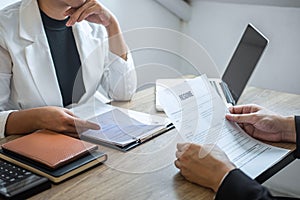 Employer arriving for a job interview, businessman listen to candidate answers explaining about his profile and colloquy dream job